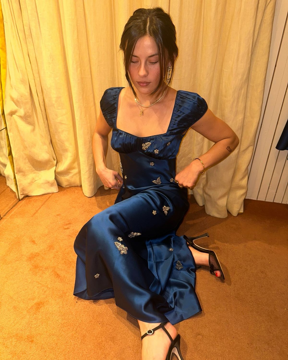 Navy Blue A Line Straps Exquisite Beaded Satin Prom Dress Evening Dress Outfits SH7254