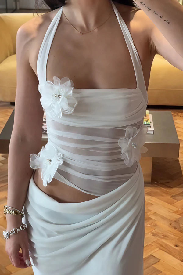 Sexy White Sheath Halter 3D Floral Tulle Satin Prom Dress Evening Dress SH5754
