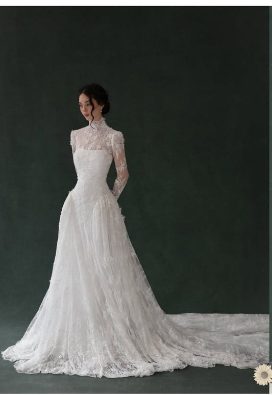 Elegant A Line Long Sleeve High Neck White Lace Long Wedding Dress SH8724
