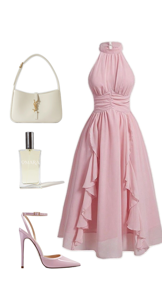 Pink A Line Halter Ruffle Chiffon Prom Dress Party Dress SH4131