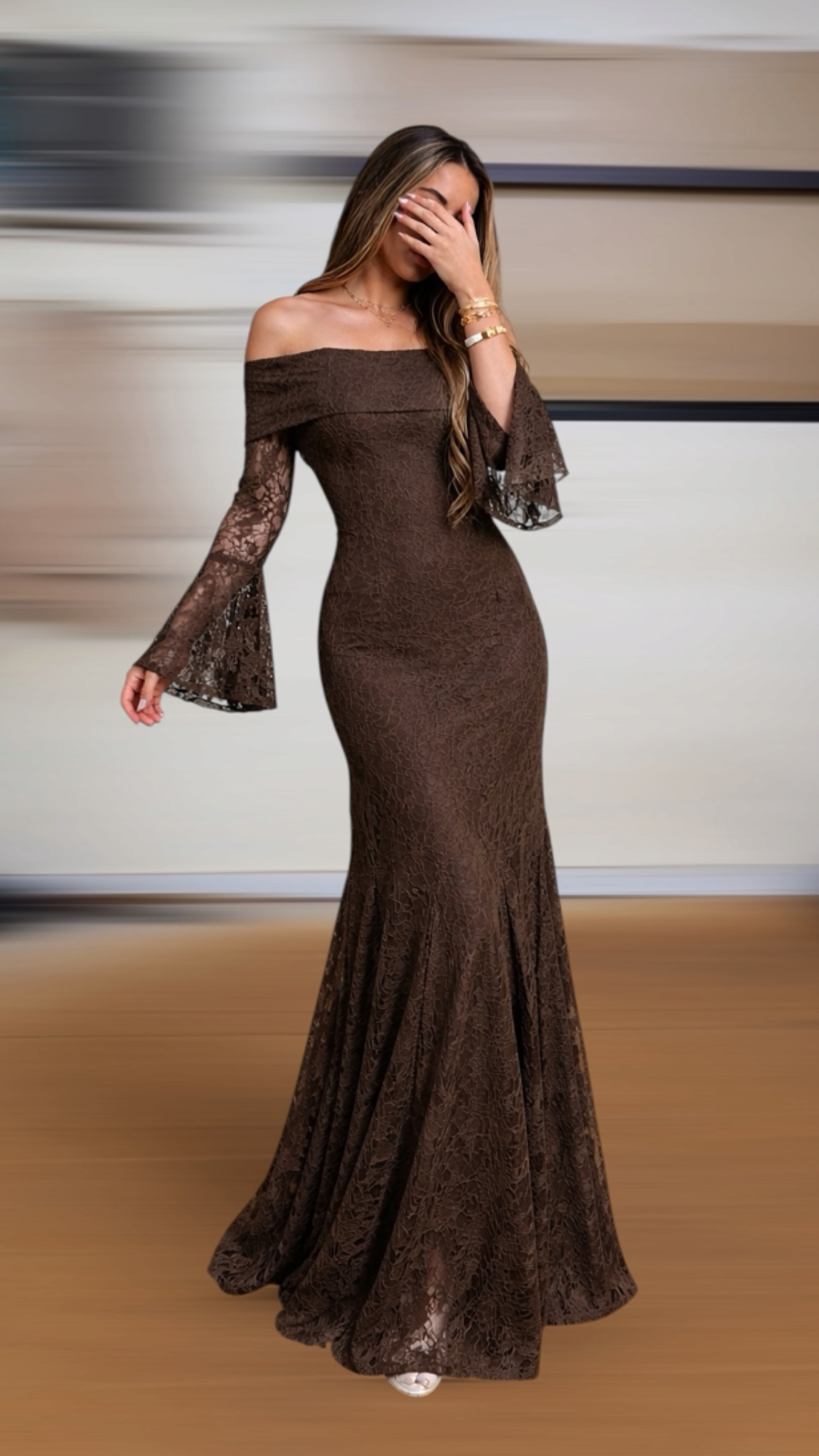 Brown Mermaid Long Sleeve Lace Long Prom Dress Evening Dress Date Dress SH7607