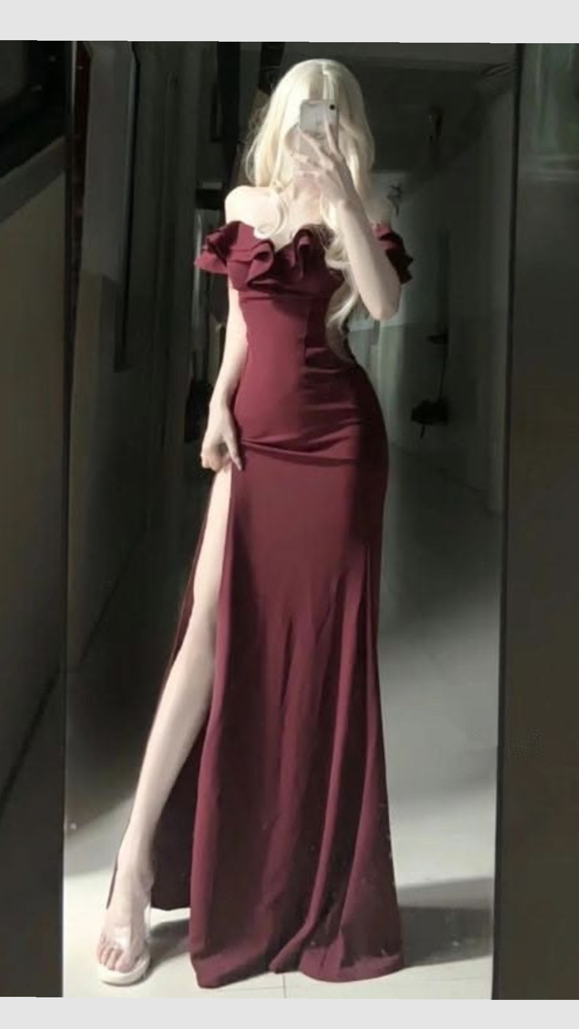 Dark Burgundy A Line Off the Shoulder Satin Slit Long Prom Dress Evening Dress SH6950