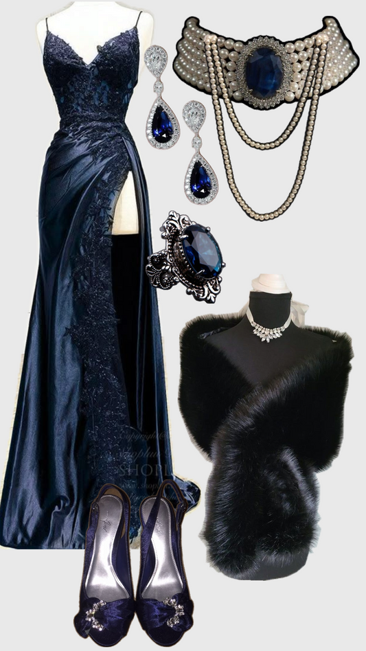 Navy Blue A Line Spaghetti Strap Appliques Satin Prom Dress Wedding Guest Dress with Slit SH4445