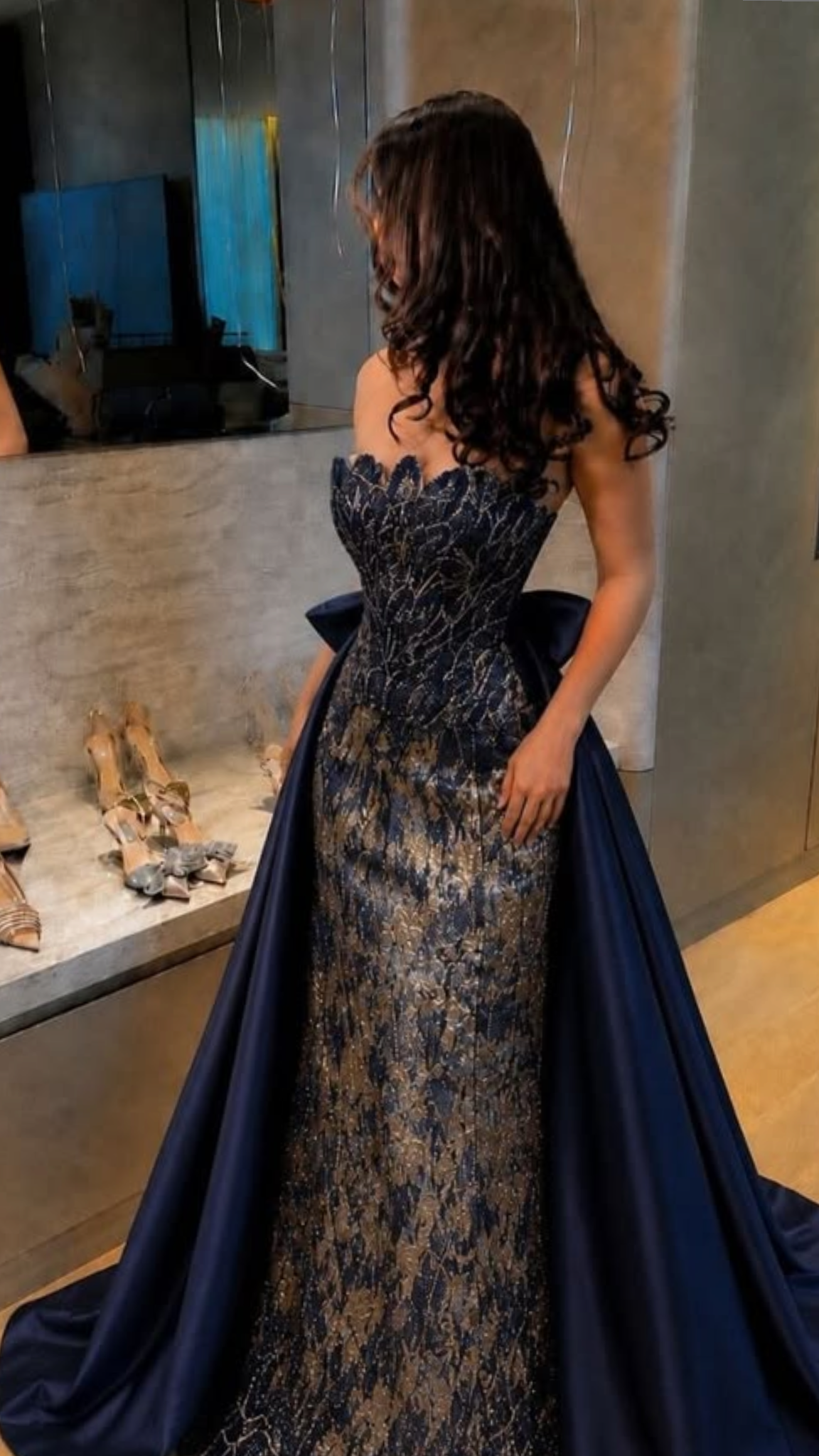 Luxurious A Line Strapless Sequin Navy Blue Satin Prom Dress Evening Dress SH6927