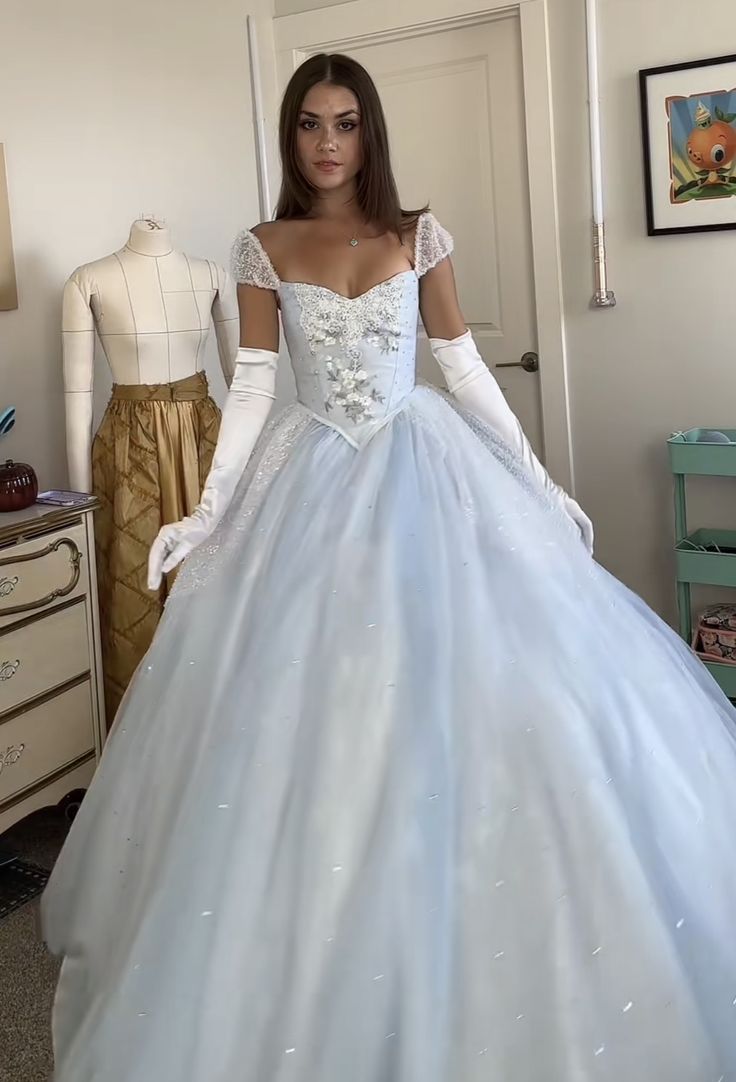 Baby Blue Ball Gown Straps Beaded Sequin Tulle Long Prom Dress Quinceanera Dress SH7059