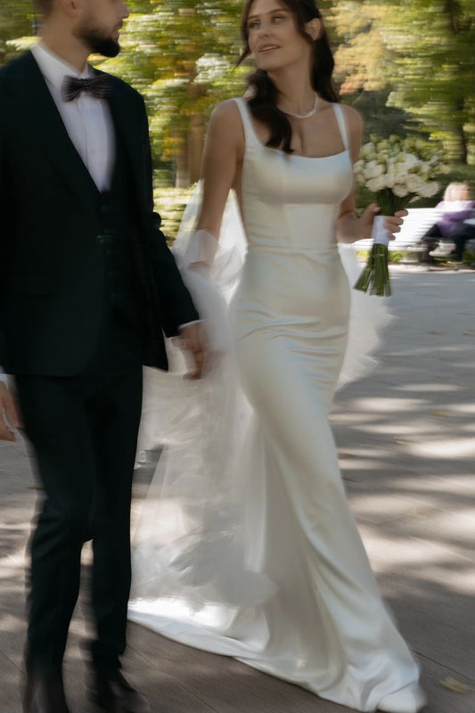 Classic White Sheath Spaghetti Strap Satin Long Train Wedding Dress SH8718