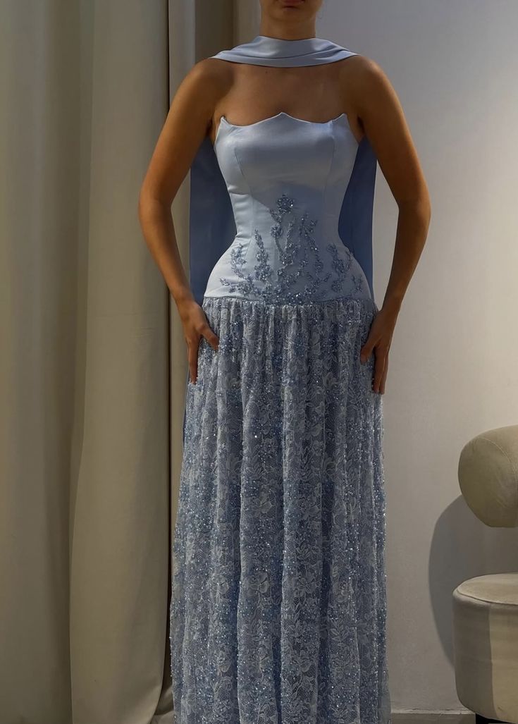 Blue A Line Strapless Beaded Tulle Satin Long Prom Dress Evening Dress SH7050