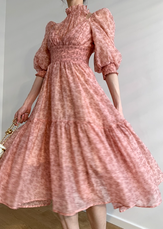 Pink A Line Puff Print Floral Chiffon Prom Dress Outfits SH4730