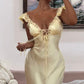 Sexy Yellow Mermaid V Neck Satin Prom Dress Evening Dress Date Dress SH5596