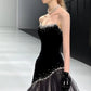 Stunning Mermaid Strapless Pearls Black Velvet Tulle Long Prom Dress Evening Dress SH7211