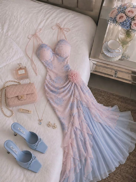 Baby Blue Mermaid Spaghetti Straps Print Floral Chiffon Prom Dress Evening Dress SH6452