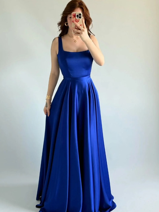 Simple Royal Blue A Line Spaghetti Straps Satin Prom Dress Date Dress SH5549