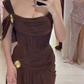 Dark Brown Sheath Straps Satin Long Prom Dress Party Dress with Slit SH4812