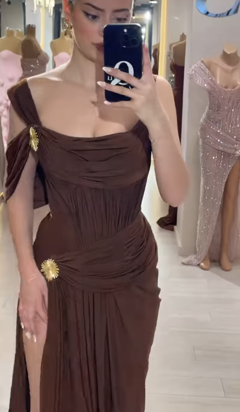 Dark Brown Sheath Straps Satin Long Prom Dress Party Dress with Slit SH4812