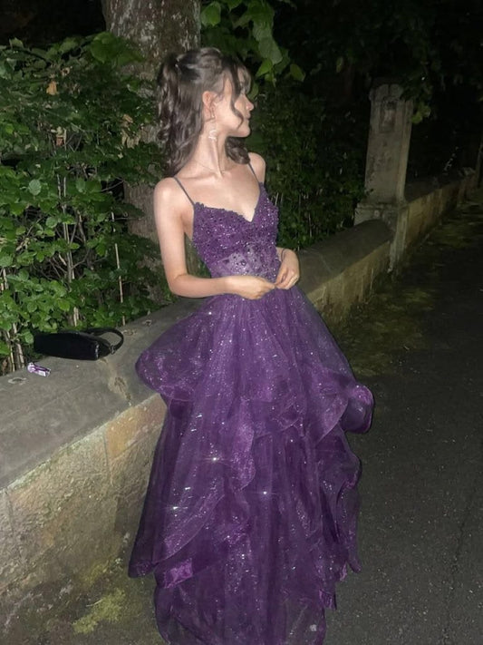 Purple Luxurious A Line Straps Beaded Layered Organza Prom Dress SH5520