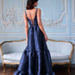 Navy Blue Print A Line Spaghetti Strap Satin Long Prom Dress Evening Dress SH8848