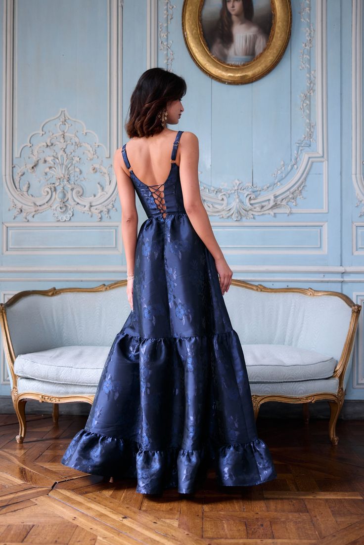 Navy Blue Print A Line Spaghetti Strap Satin Long Prom Dress Evening Dress SH8848