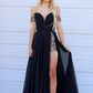 Unique Black A Line Off the Shoulder Beaded Chiffon Prom Dress Evening Dress with Slit SH6598