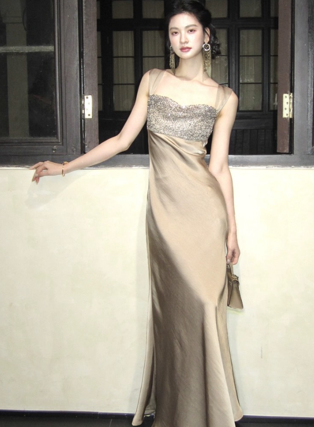 Elegant Brown Sheath Straps Sequin Satin Prom Dress Evening Dress Date Dress SH5646