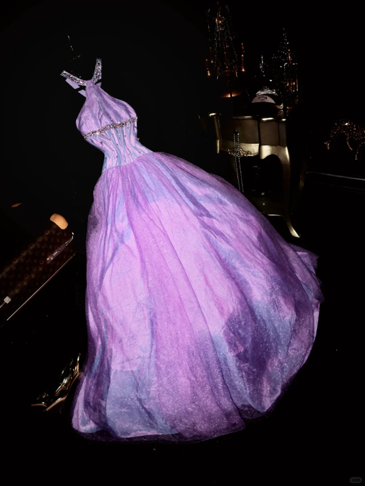 Stunning A Line Halter Beaded Sequin Purple Satin Tulle Long Party Dress Evening Dress SH3136