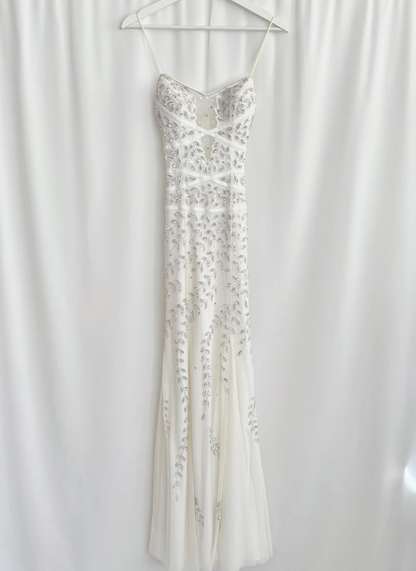 Gentle White Mermaid Spaghetti Straps Appliques Satin Tulle Long Prom Dress Evening Dress SH3545