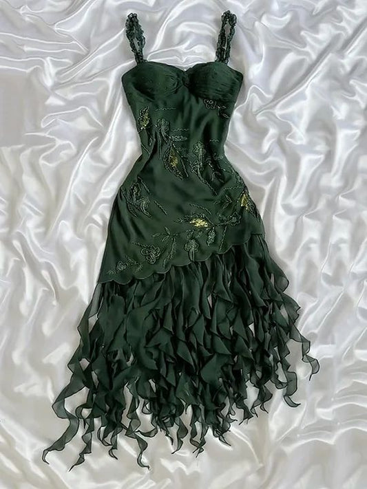 Dark Green Chiffon Ruffle Prom Dress Formal Dress Homecoming Dress SH3936