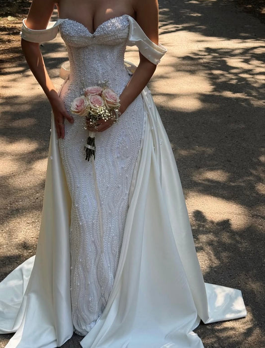 Stunning A Line Off the Shoulder Exquisite Pearl Satin Long Wedding Dress SH7339