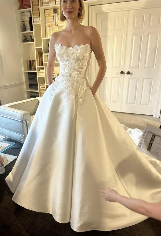 3D Floral A Line Strapless White Satin Long Wedding Dress SH8524