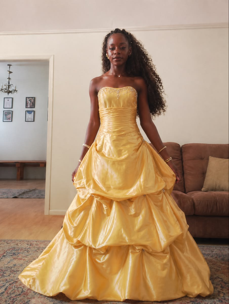 Yellow A Line Strapless Beaded Layered Satin Long Prom Dress Evening Dress SH8814