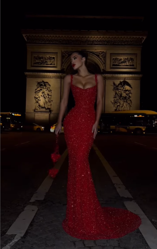 Sexy Mermaid Strap Red Beaded Sequin Prom Dress Wedding Guest Dress SH4746