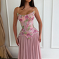 Sweety Pink A Line Strapless Exquisite Embroidery Floral Chiffon Long Prom Dress Evening Dress SH7297
