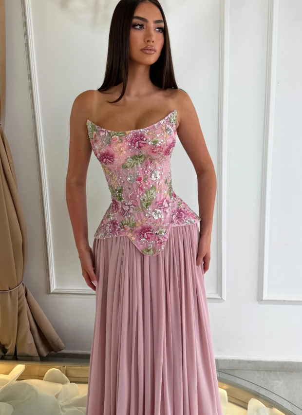 Sweety Pink A Line Strapless Exquisite Embroidery Floral Chiffon Long Prom Dress Evening Dress SH7297