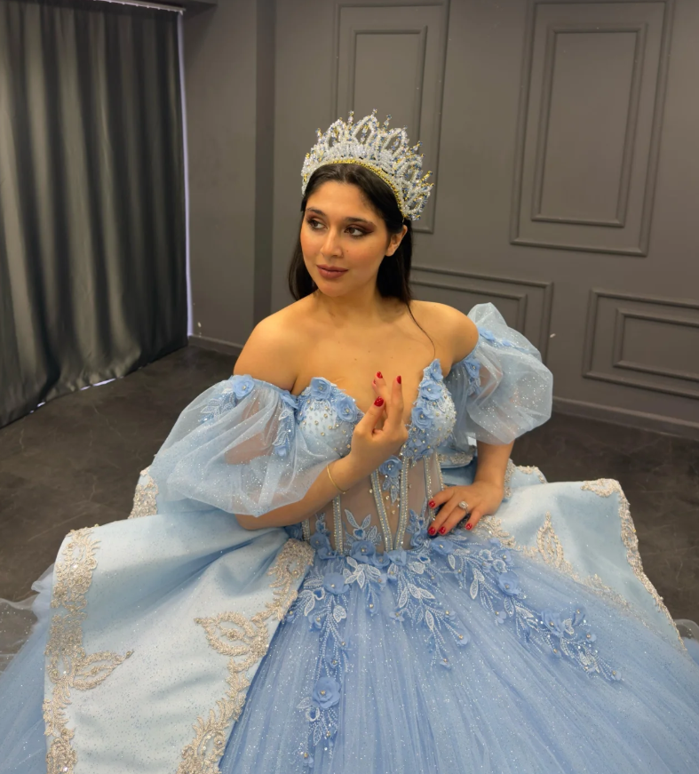 Romantic Poofy Baby Blue Floral Puff Sequin Tulle Ball Gown Quinceanera Dress SH3268