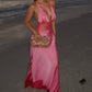 Pink A Line V Neck Lace Satin Long Prom Dress Evening Dress Beach Dress SH5846