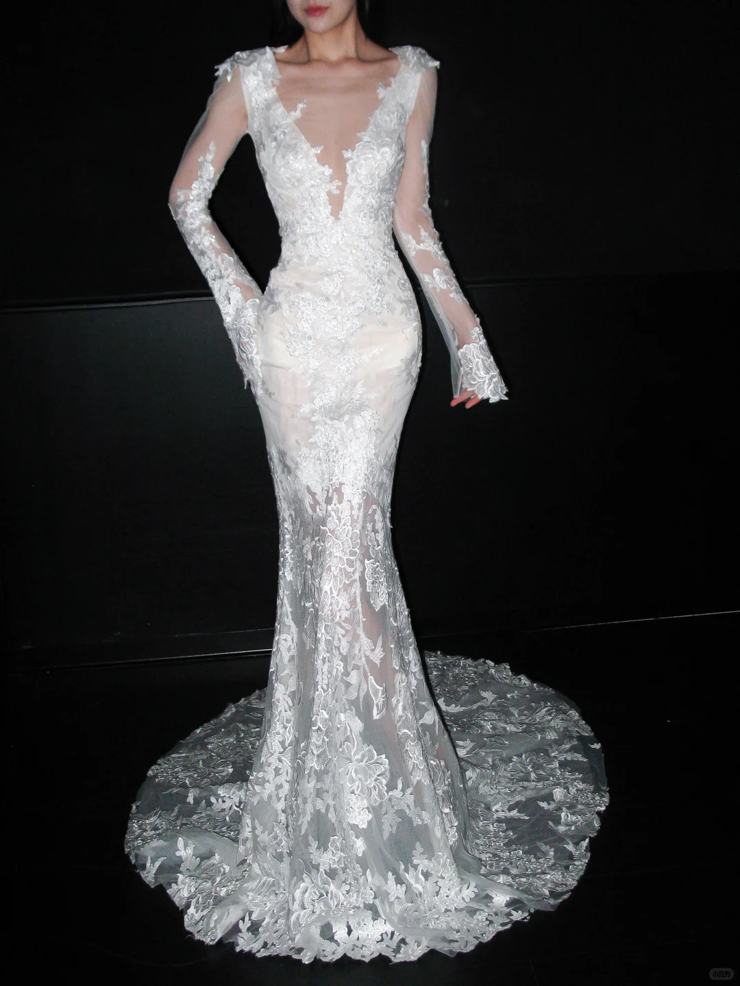 Stunning Mermaid Long Sleeve V Neck White Lace Long Train Wedding Dress SH8913