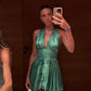 Unique Green A Line Halter Satin Backless Short Homecoming Dress Mini Dress SH8040