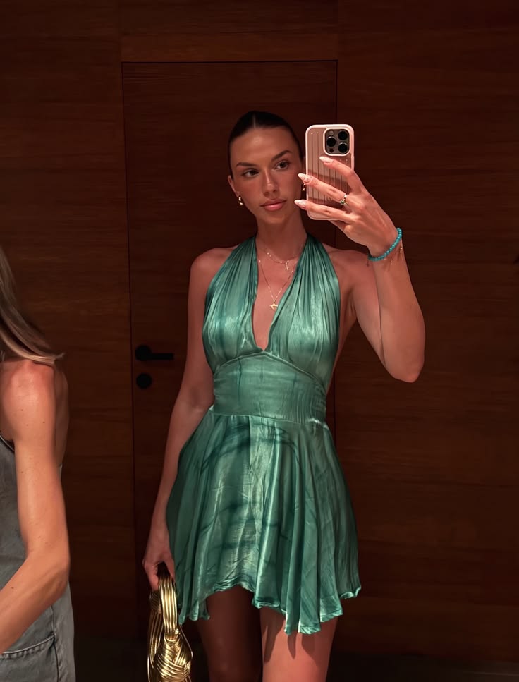 Unique Green A Line Halter Satin Backless Short Homecoming Dress Mini Dress SH8040