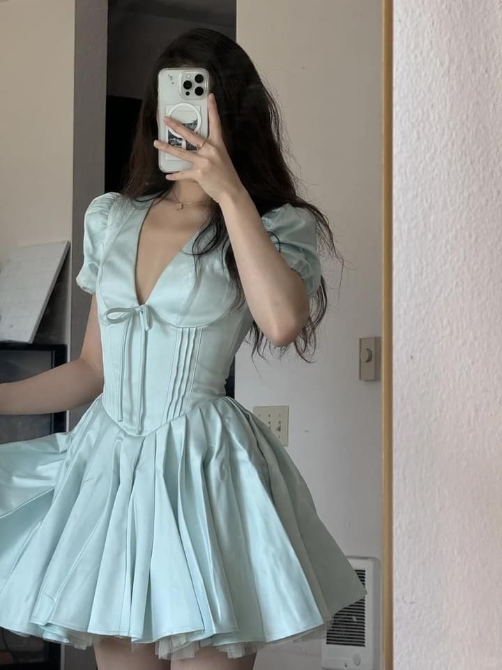 Cute Baby Blue A Line Puff Satin Short Homecoming Dress Outfits SH4862