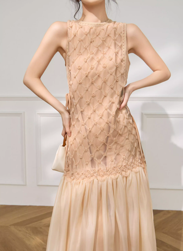 Simple Apricot A Line Round Neck Floral Tulle Prom Dress Outfits SH4731