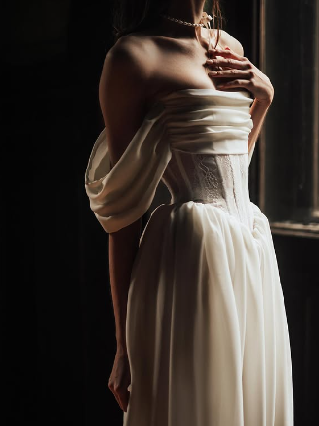 Gentle Ivory A Line Off the Shoulder Corset Lace Chiffon Prom Dress Wedding Dress SH6683