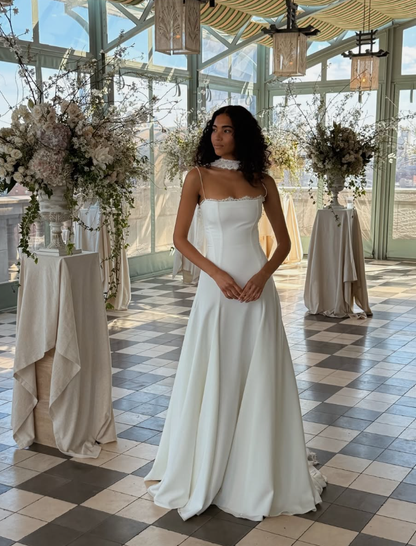 Gentle Classic A Line Straps White Chiffon Lace Long Wedding Dress SH5453