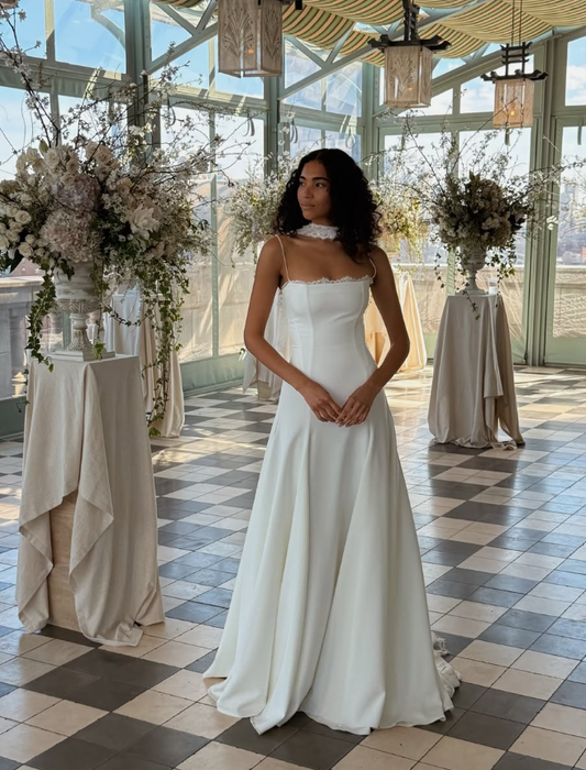 Gentle Classic A Line Straps White Chiffon Lace Long Wedding Dress SH5453