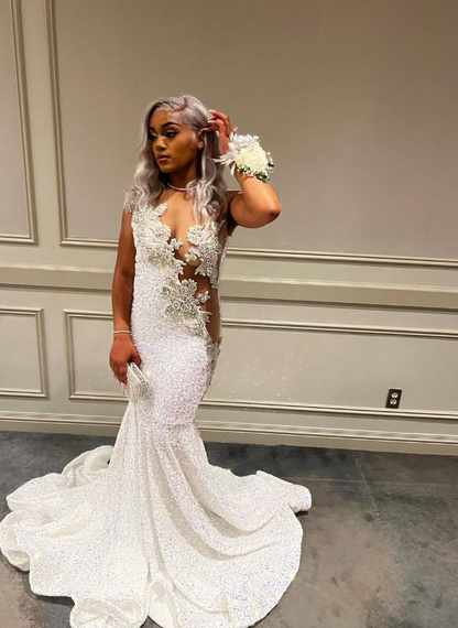 Black Girl Prom Dress White Sequin Prom Dresses for Juniors | Sexy V-neck Mermaid Evening Gowns SH6111