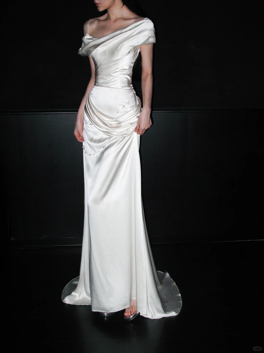 Charming Sheath Off the Shoulder Pearl White Satin Long Wedding Dress SH6674
