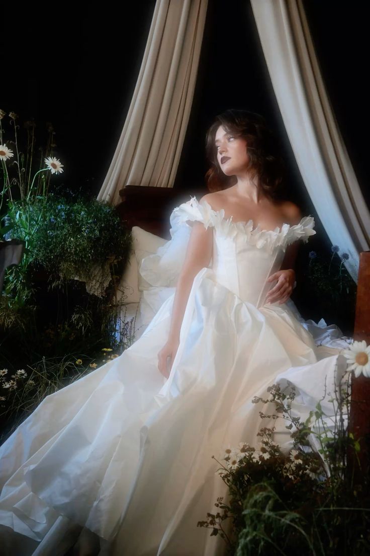 Charming A Line Off the Shoulder White Satin Long Train Wedding Dress SH7550