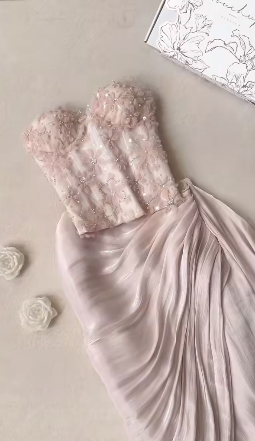 Light Pink Two Piece Sheath Strapless Floral Satin Long Prom Dress SH8772
