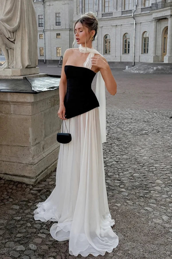 Classic Elegant A Line Strapless Black Satin White Chiffon Prom Dress Evening Dress SH5757