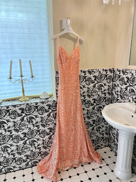 Shiny Orange Mermaid Spaghetti Strap Sequin Open Back Evening Dress Prom Dress SH3845