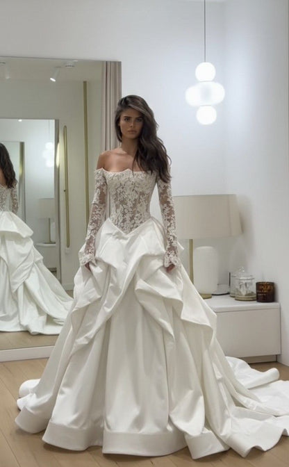 Pretty Ball Gown Long Sleeve White Lace Pleated Satin Long Wedding Dress SH7094