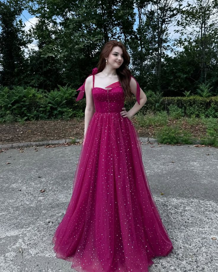 Jewel Cerise A Line Spaghetti Straps Sequin Tulle Long Prom Dress Date Dress SH7014